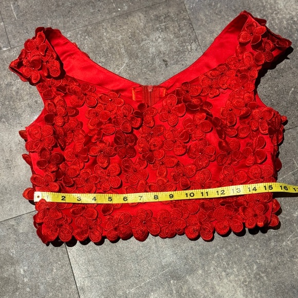 Custom two piece formal gown. Flower appliqué crop top with hi-lo skirt. - Picture 2 of 12